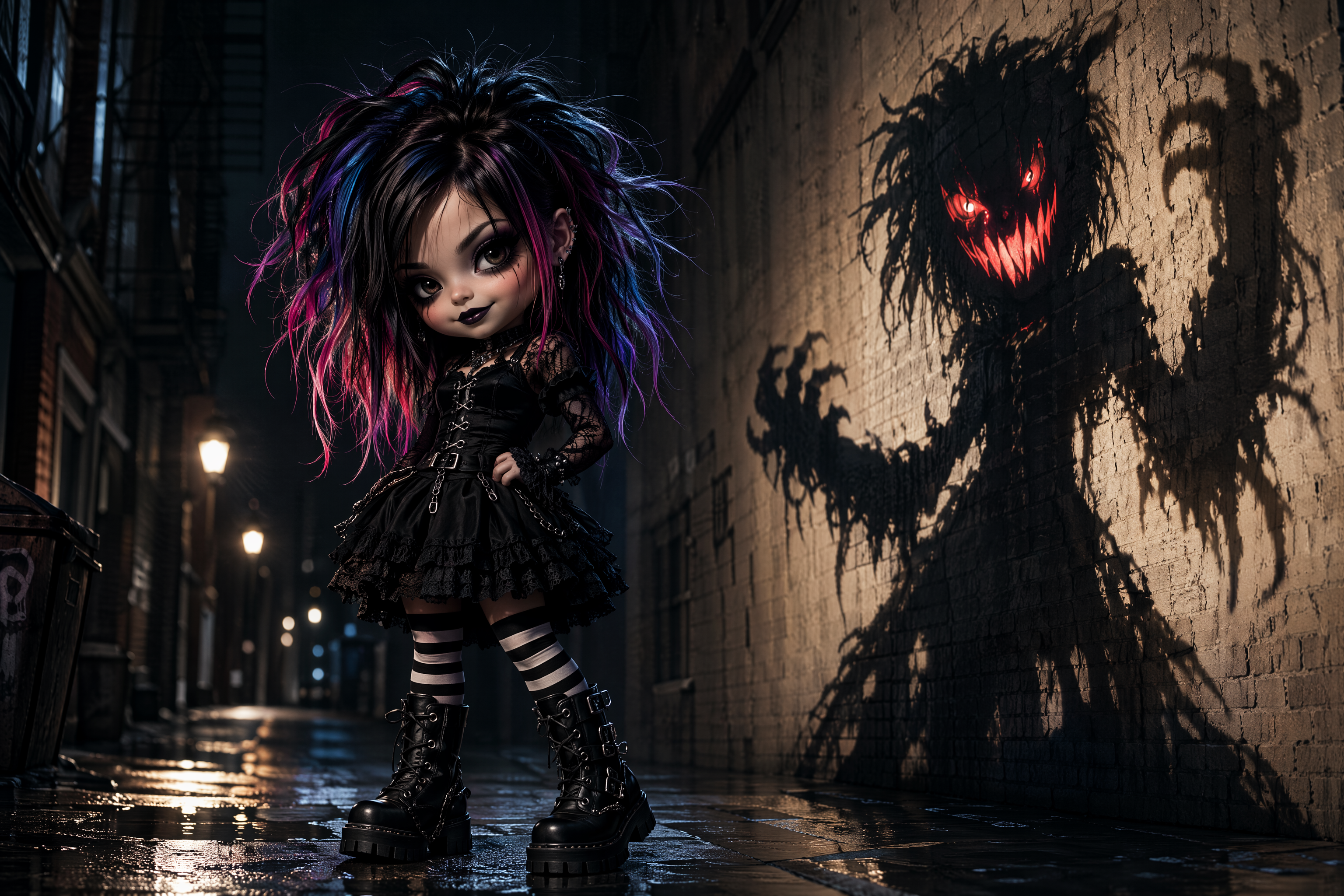 Gothic chibi girl with colorful streaked hair stands in a wet night alley, beside a terrifying grinning shadow monster cas...