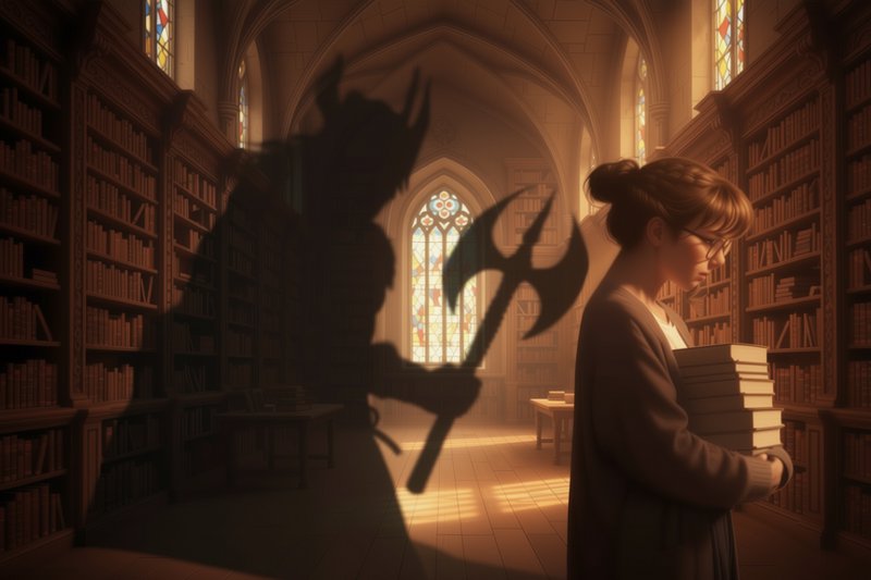 Young librarian carrying books in sunlit gothic library, menacing horned axe-wielding monster sha...