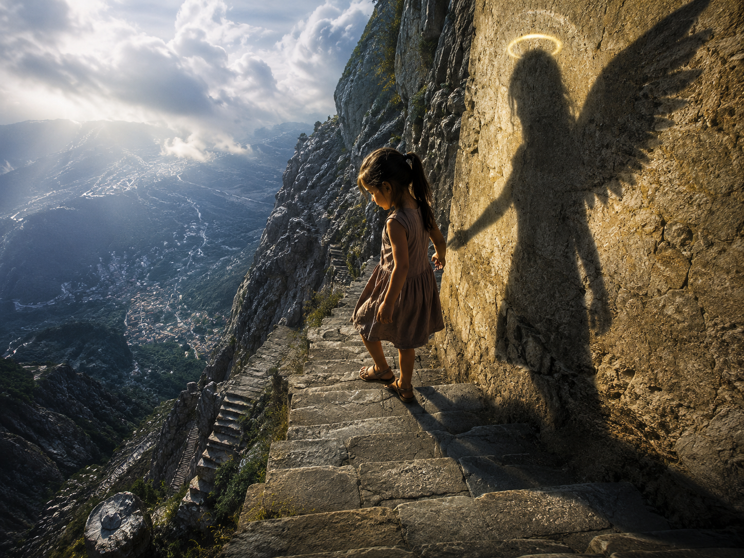 Young girl on cliffside stone staircase, her shadow appears as an angel with wings and glowing halo on the adjacent rock w...