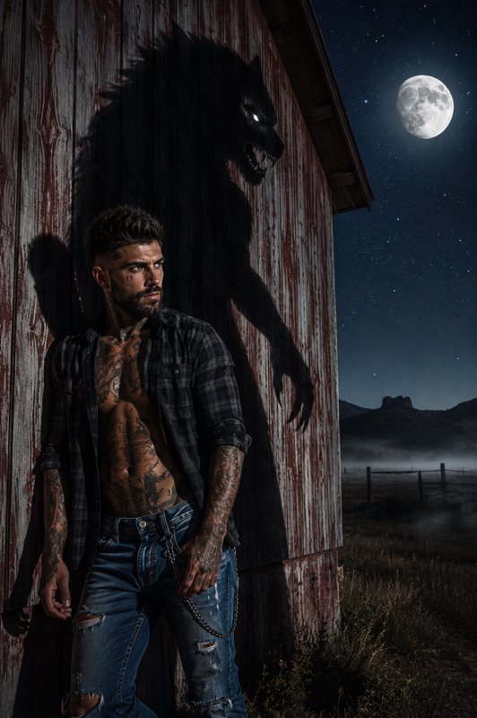 Tattooed rugged man leans on weathered barn wall, with a towering snarling werewolf shadow cast b...