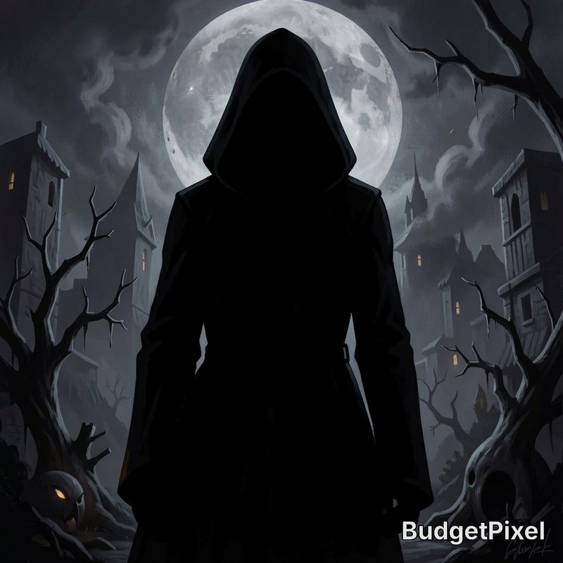 Silhouetted faceless hooded figure stands beneath a full moon overlooking a foggy spooky haunted ...