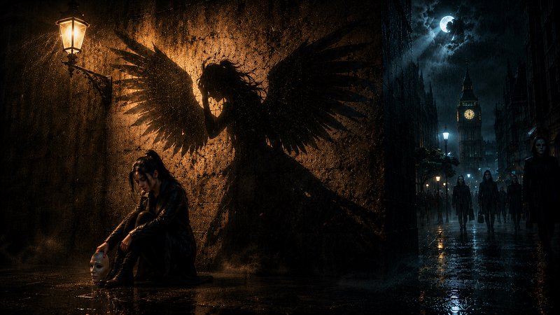Melancholic crouched woman casts a fallen angel shadow on a rain-soaked London night street, hold...