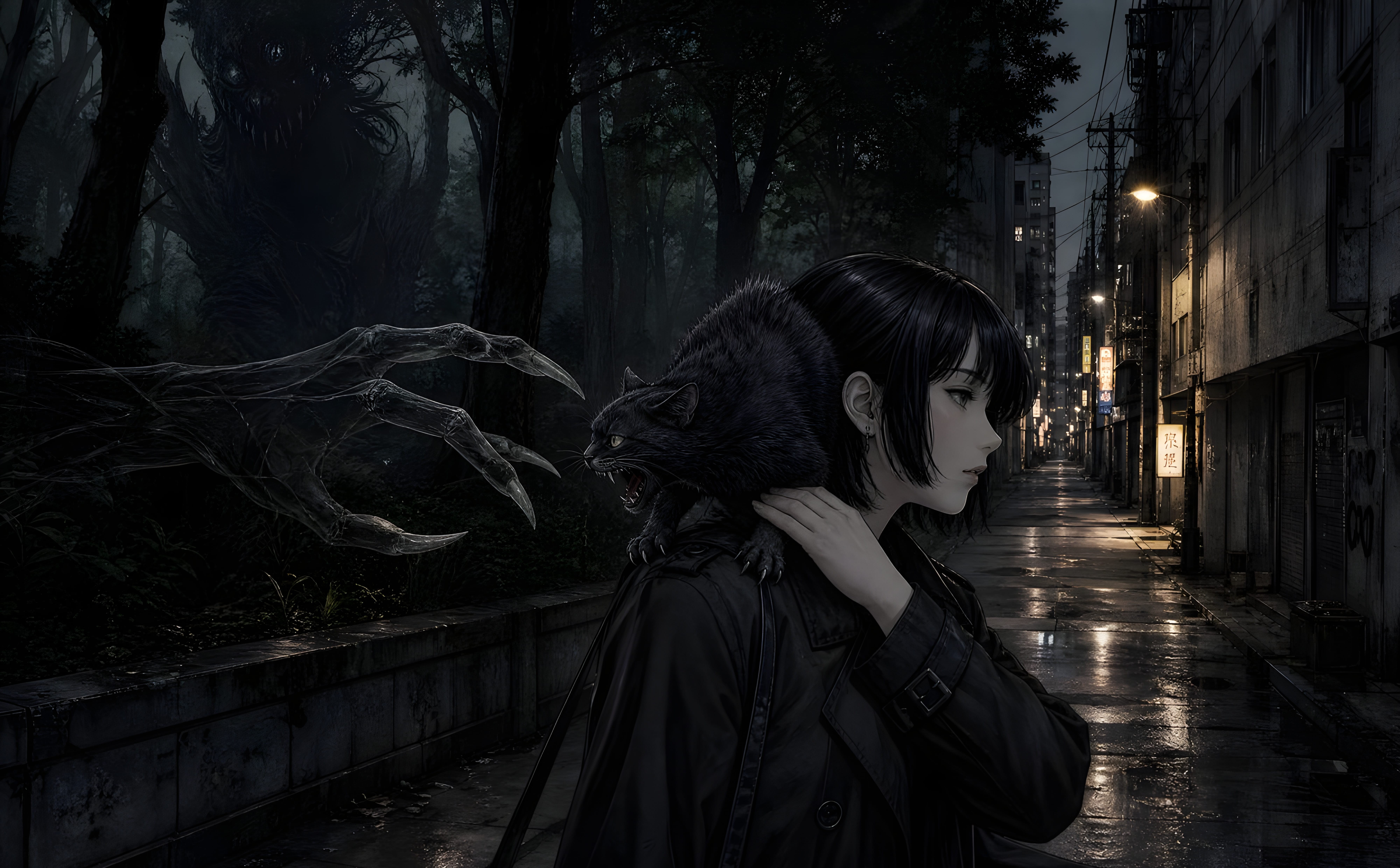 [Anime young woman with snarling black cat on her shoulder faces a ghostly skeletal claw looming from dark treeline on a r...