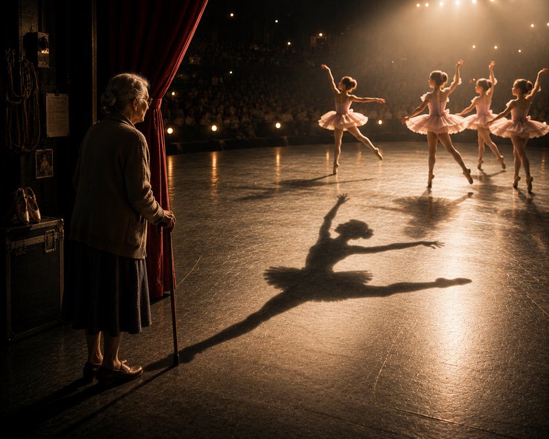 Elderly woman stands theater backstage watching young ballerinas perform, a dramatic ballet pose ...