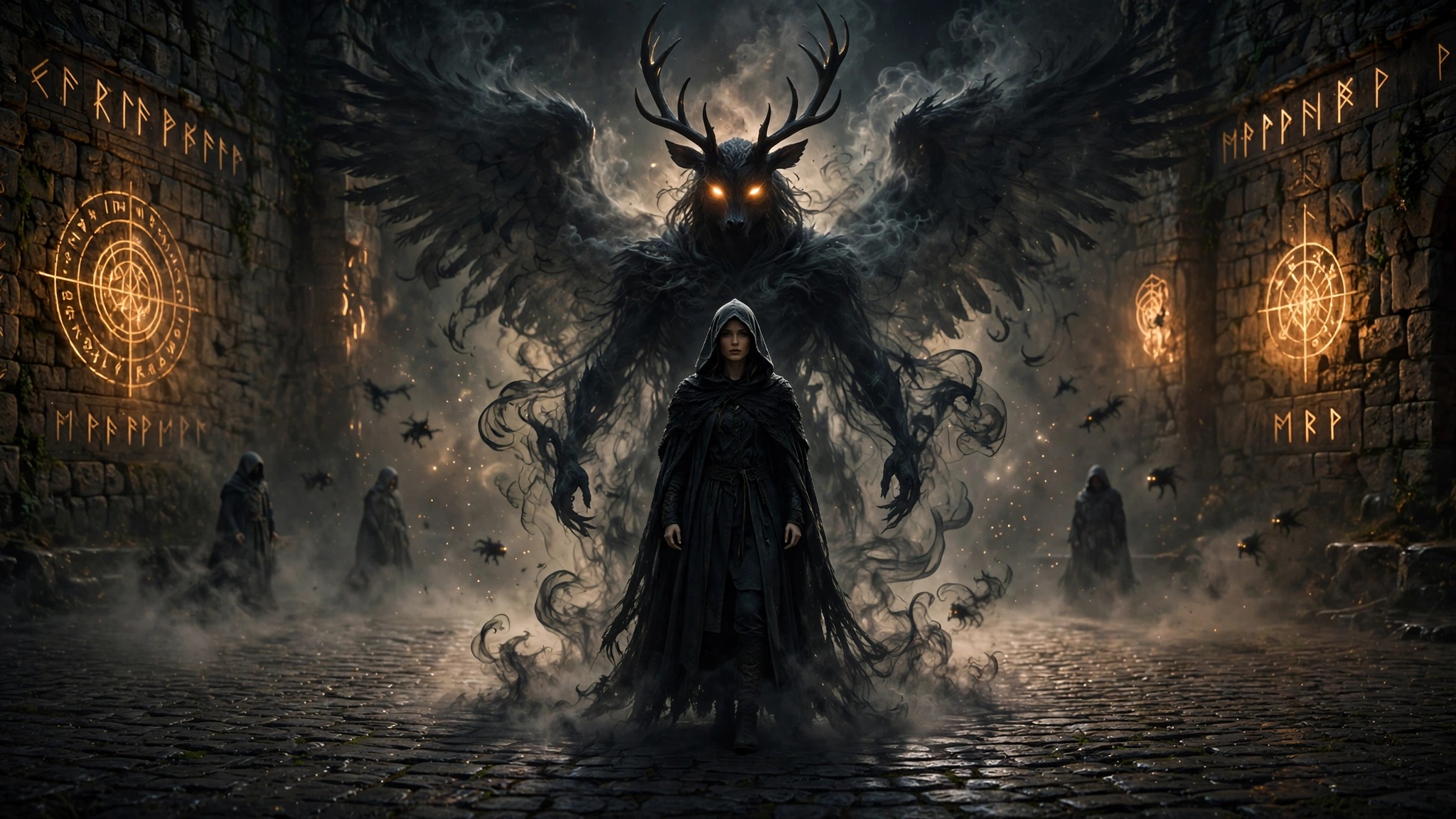 Hooded dark sorcerer stands before a towering antlered winged shadow beast in a misty rune-carved stone ruin courtyard.