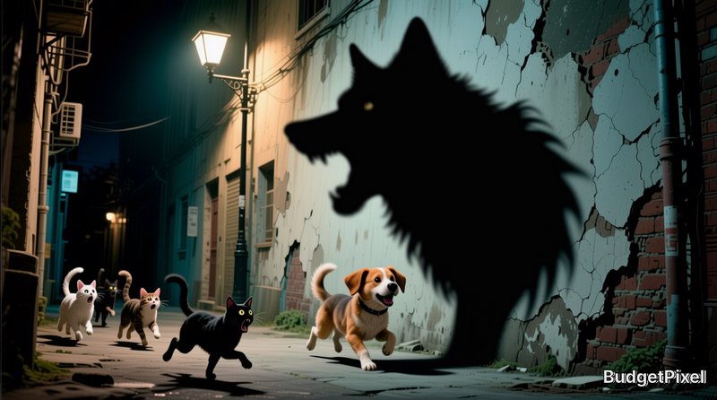 Anime illustration of running cats and a small dog beside a large menacing wolf shadow in a dark ...