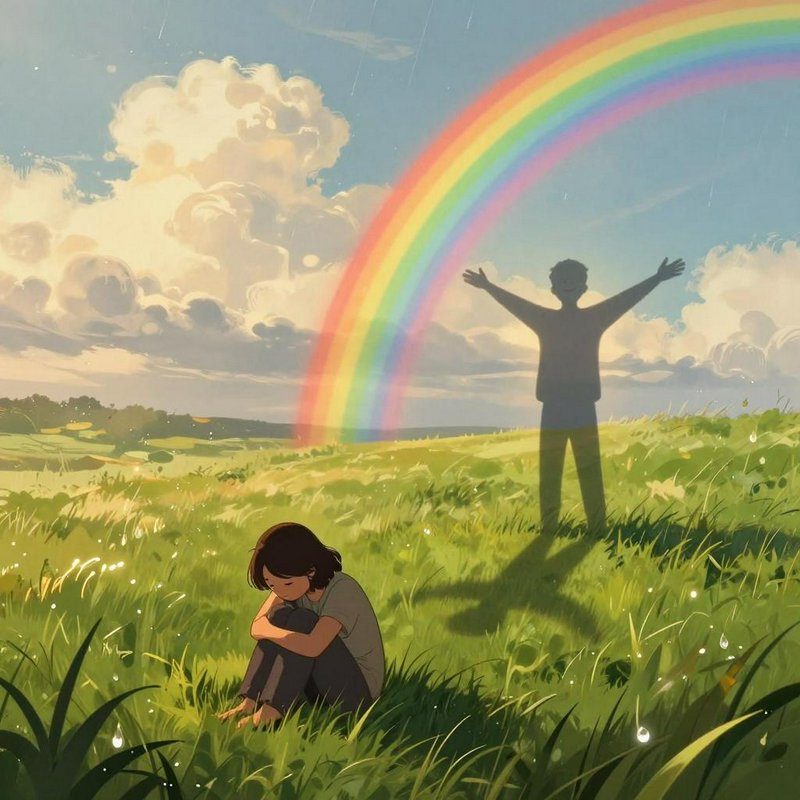 Sad girl curled on grass, joyful outstretched-arm shadow, bright rainbow arches over post-rain su...