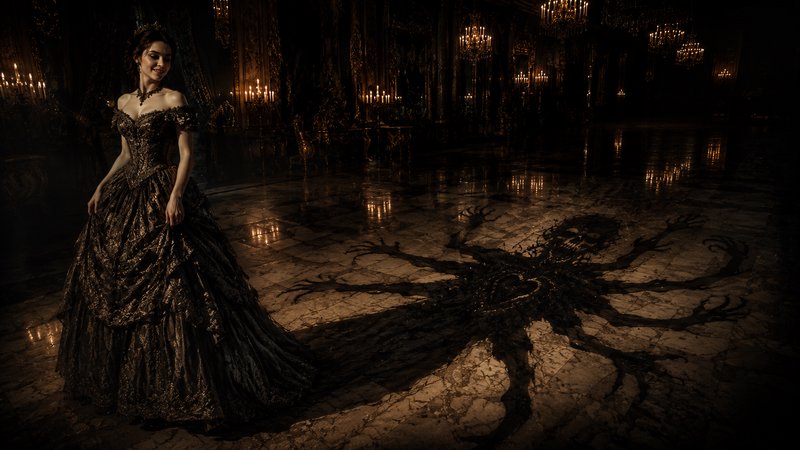 Woman in ornate gothic ballgown stands in a candlelit palace ballroom, her shadow twists into a t...