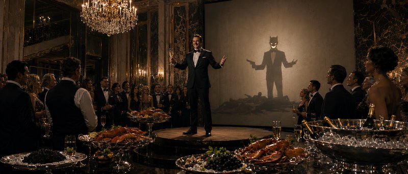Man in tuxedo toasts at opulent black tie gala, menacing bat-masked figure silhouette holding a g...