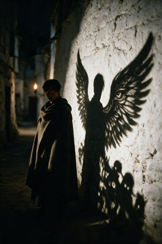 Cloaked figure with glowing red eyes stands in a dark old alley, casting a winged supernatural sh...