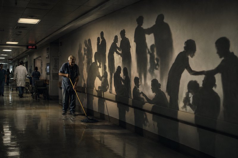 Elderly hospital janitor mopping a dim corridor, wall bears dramatic shadows of patient care and ...