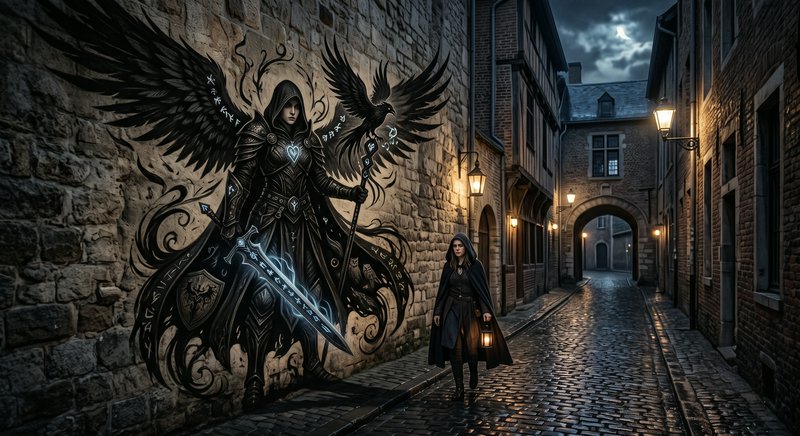 Hooded lantern-carrying traveler walks past a detailed dark winged knight mural on a moonlit medi...