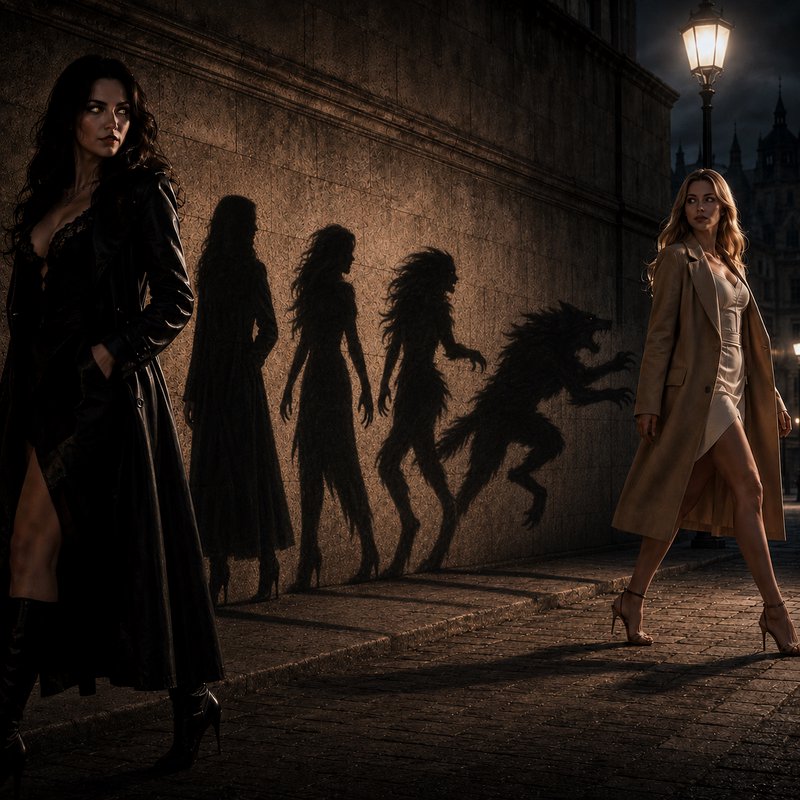 Two women on a night city sidewalk, their shadows transforming from human to werewolf silhouettes on a stone wall.