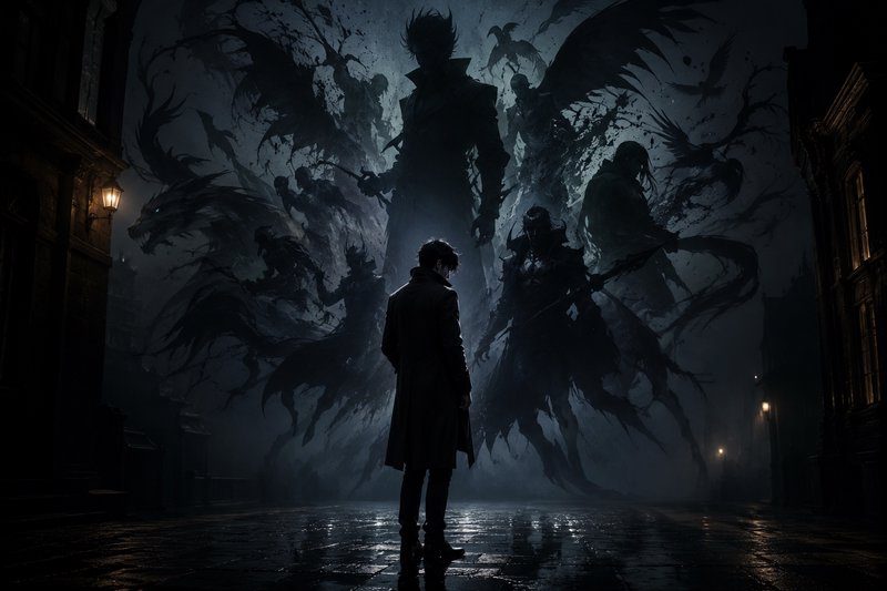 Silhouetted man in a trench coat stands facing looming dark spectral entities on a foggy wet goth...