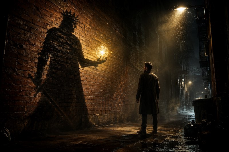 Man in a trench coat stands in a rainy dark alley facing a giant crowned wall shadow holding a glowing magical orb.