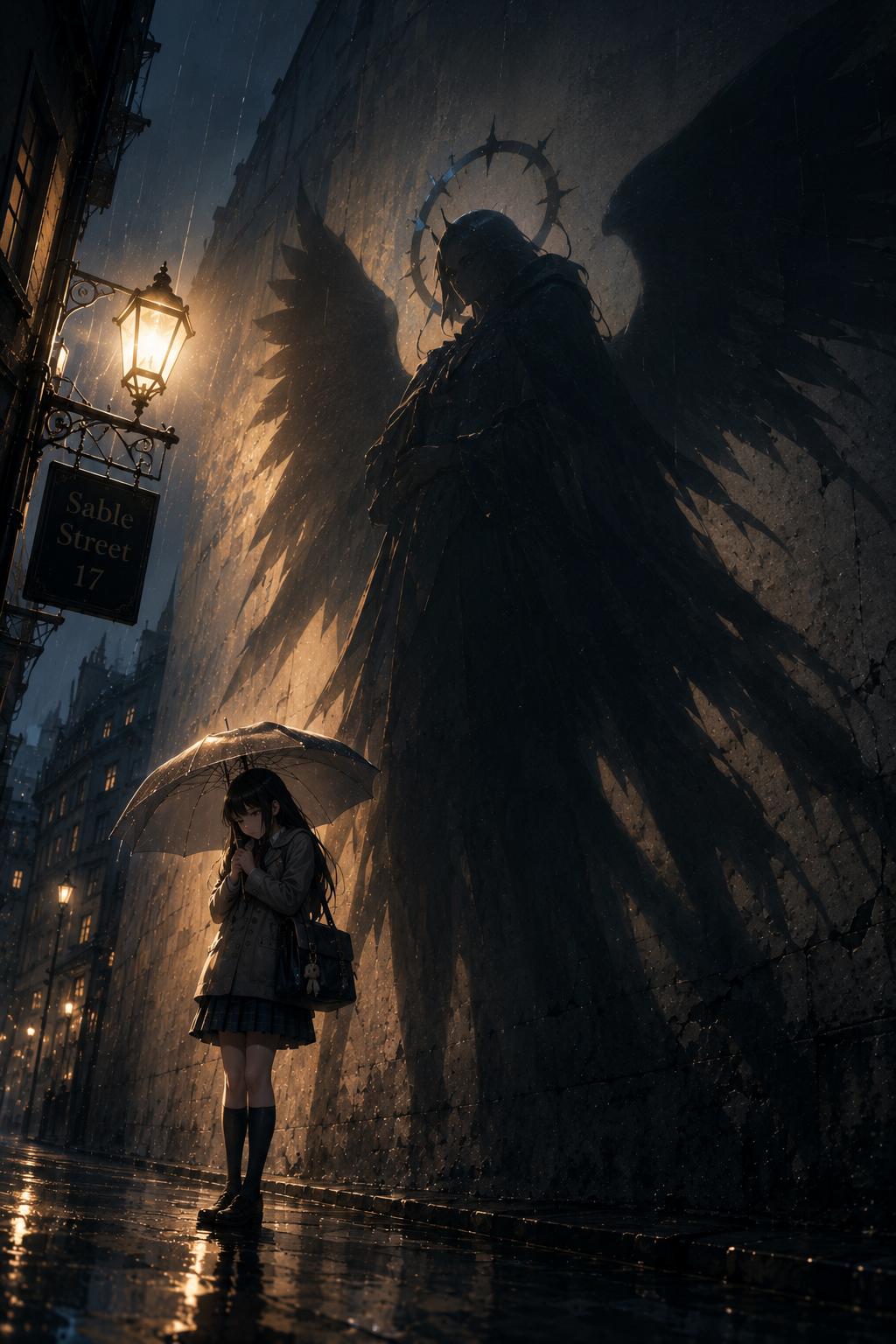 Anime schoolgirl with umbrella stands on rainy night street beside towering dark fallen angel statue under glowing vintage...