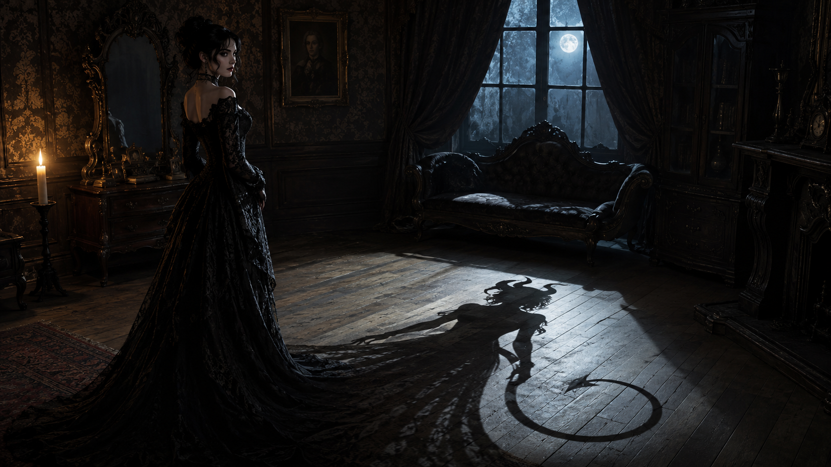 Gothic woman in black lace gown stands in moonlit Victorian parlor, her shadow reveals a horned demonic form.