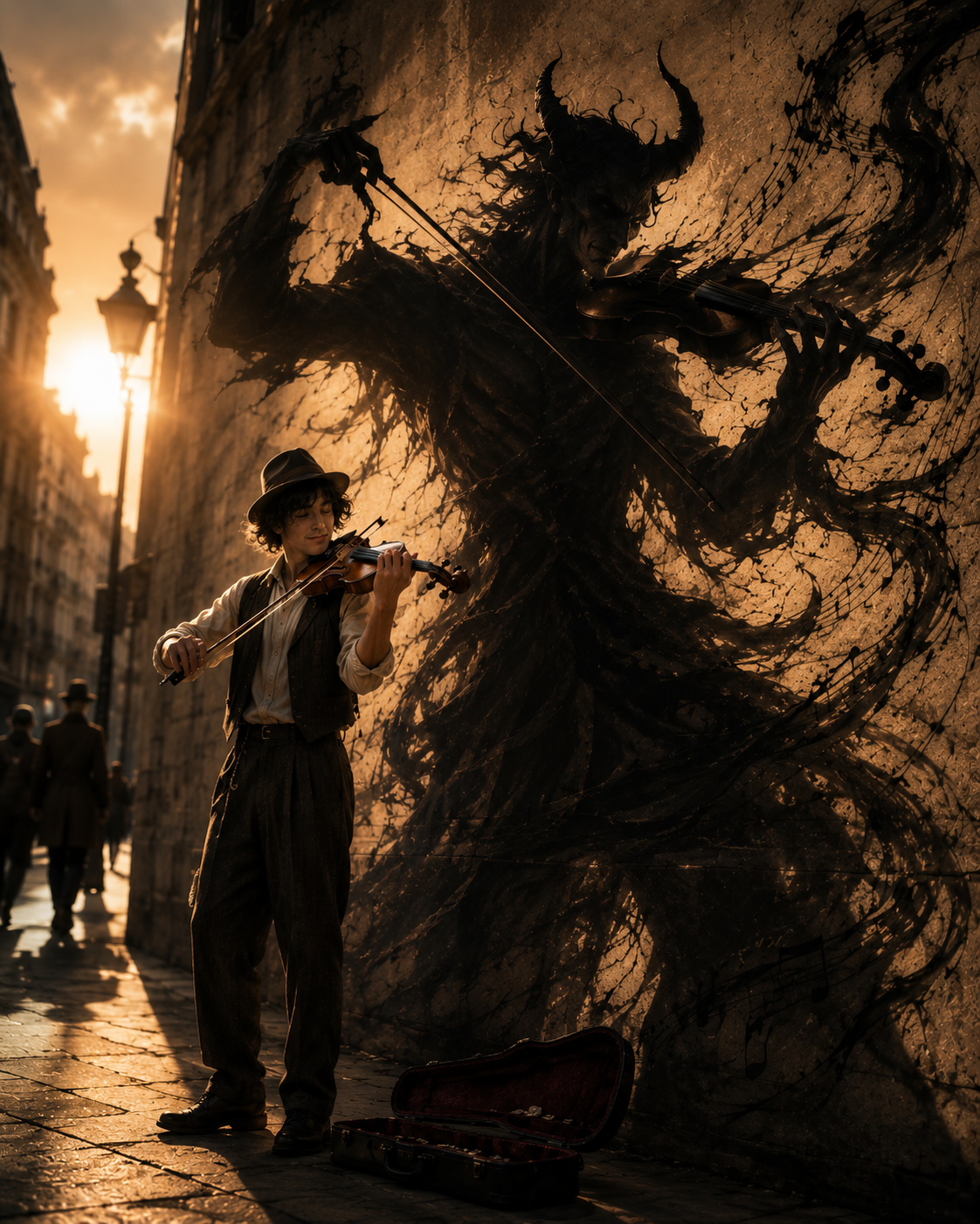 Vintage street violinist plays violin, his shadow forms a swirling horned demon mirroring his performance on a golden hour...