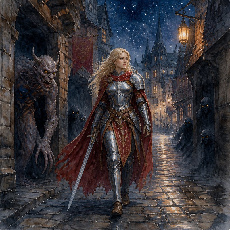 Stoic blonde female knight in silver plate armor walks a snowy medieval city street as demonic mo...
