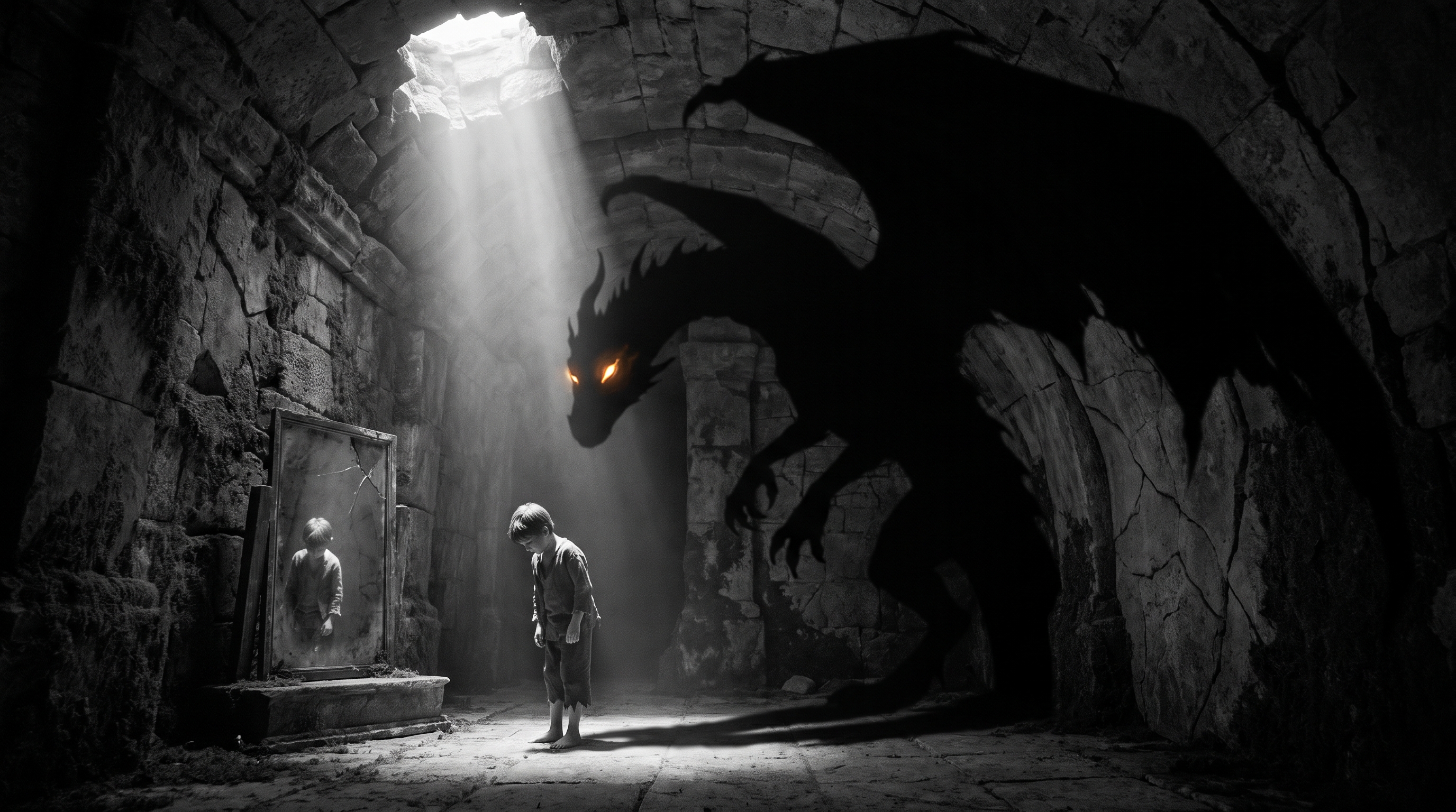 [Shadowy winged dragon with glowing orange eyes looms over a bowed boy in a sunlit crumbling stone dungeon beside a cracke...