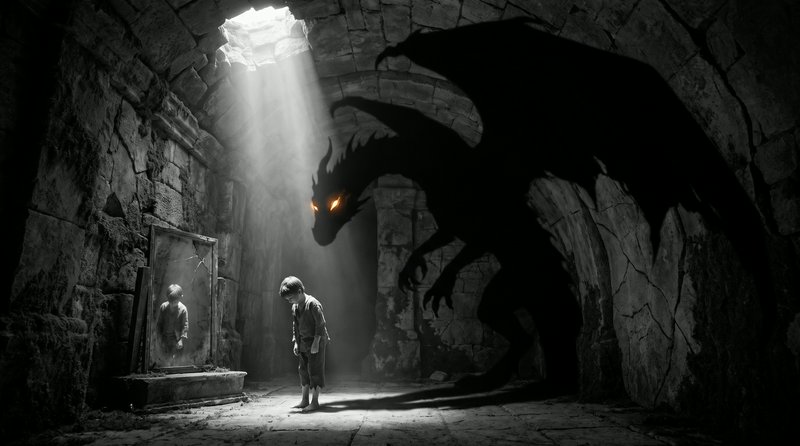 Shadowy winged dragon with glowing orange eyes looms over a bowed boy in a sunlit crumbling stone...