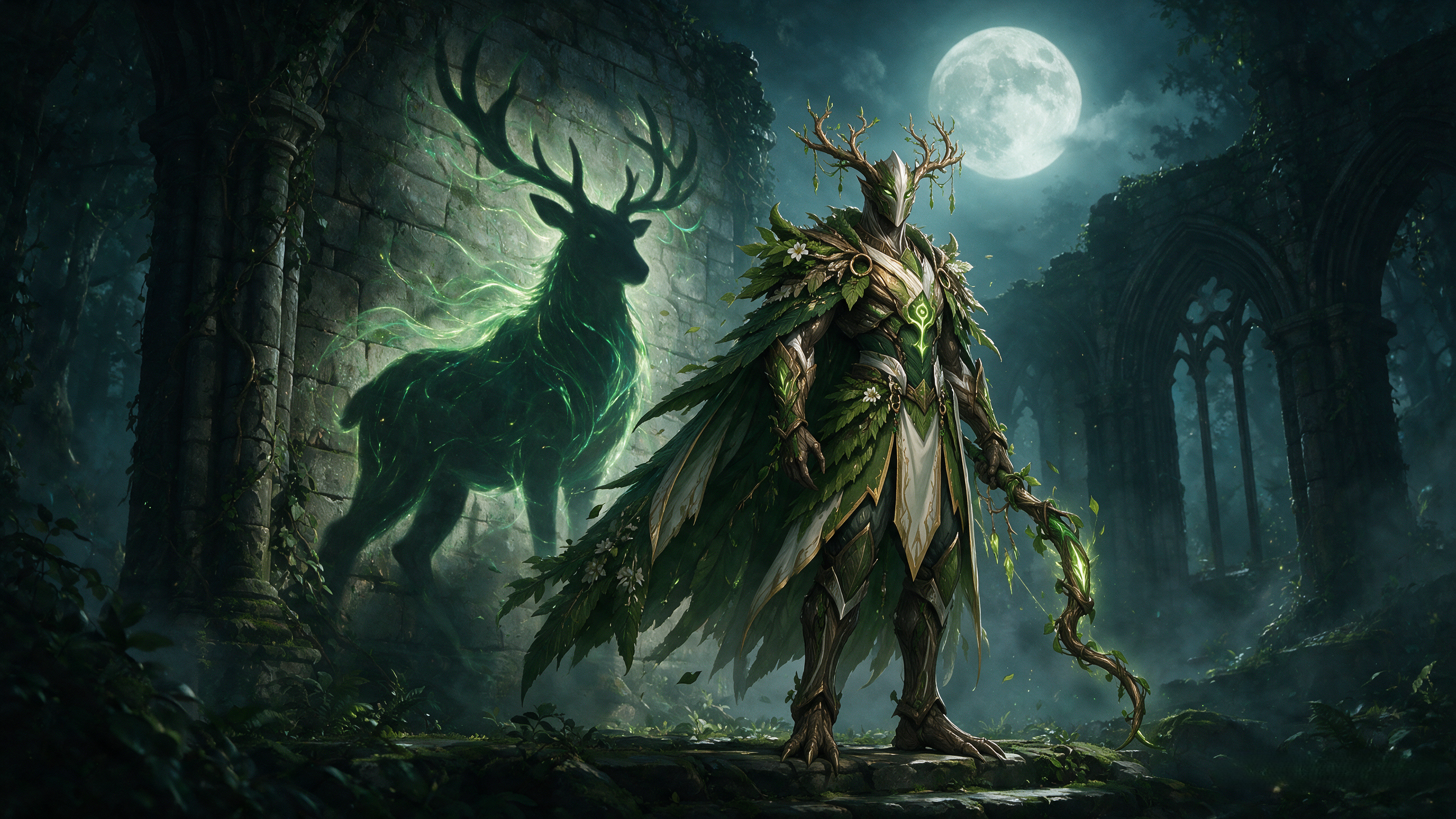 Armored antlered forest guardian stands beside a glowing spectral stag in misty moonlit ancient stone ruins