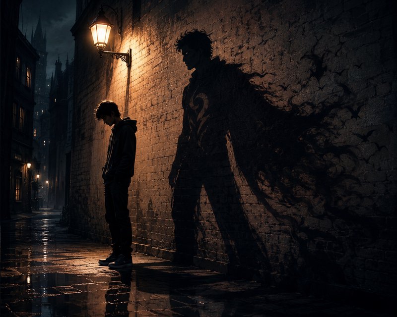 Teen boy under a glowing streetlamp on a rainy dark alley, casting a shadow of a powerful superhe...