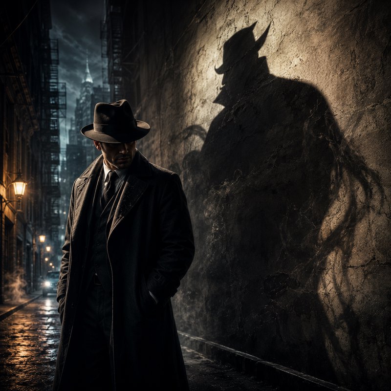 Hardboiled noir detective in fedora and trench coat stands in rainy 1940s alley, casting long sha...