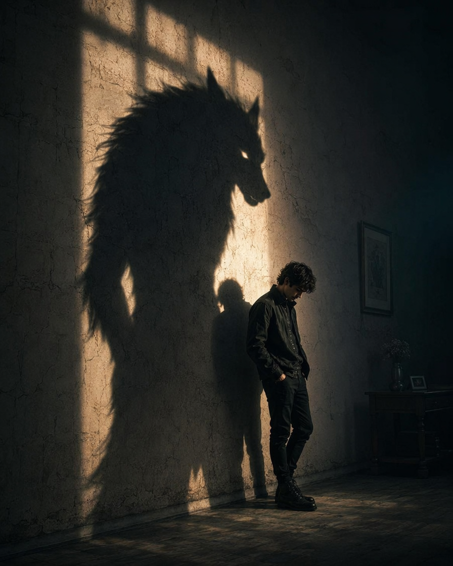 Pensive young man leans against a wall, his window shadow cast as a towering, menacing werewolf silhouette.