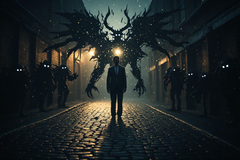 Man in a suit stands center of a misty cobblestone alley, surrounded by glowing-eyed shadow monsters with a giant