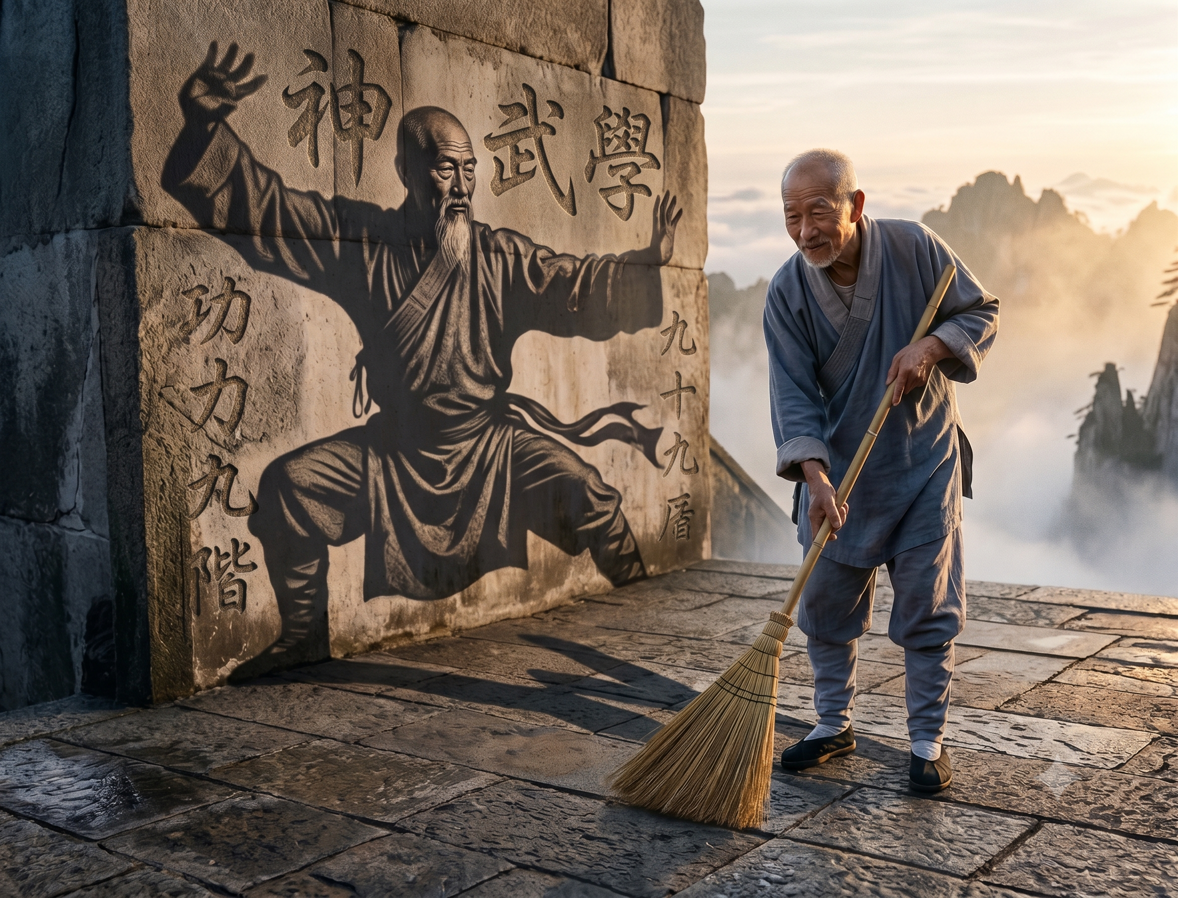 Elderly monk sweeps mountain temple terrace, his shadow aligns with a carved martial arts mural at misty golden sunrise.