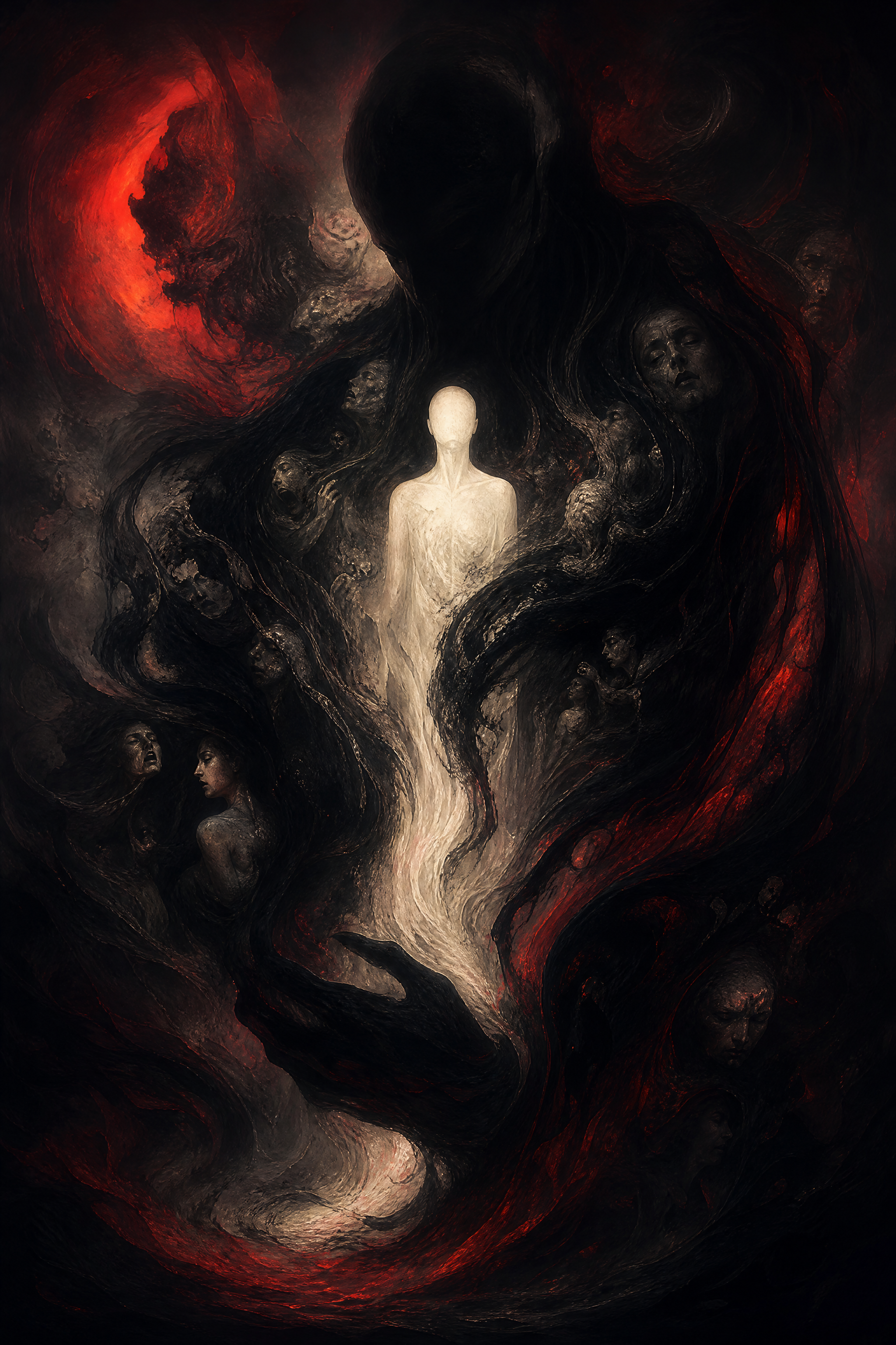 [Dark surreal gothic art showing a glowing pale central figure surrounded by swirling shadow entities, ghostly faces, and ...