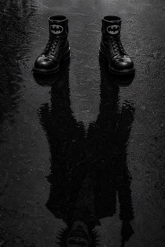 Black Batman emblem boots sit on wet pavement, puddle reflection reveals inverted Joker silhouette in moody monochrome.