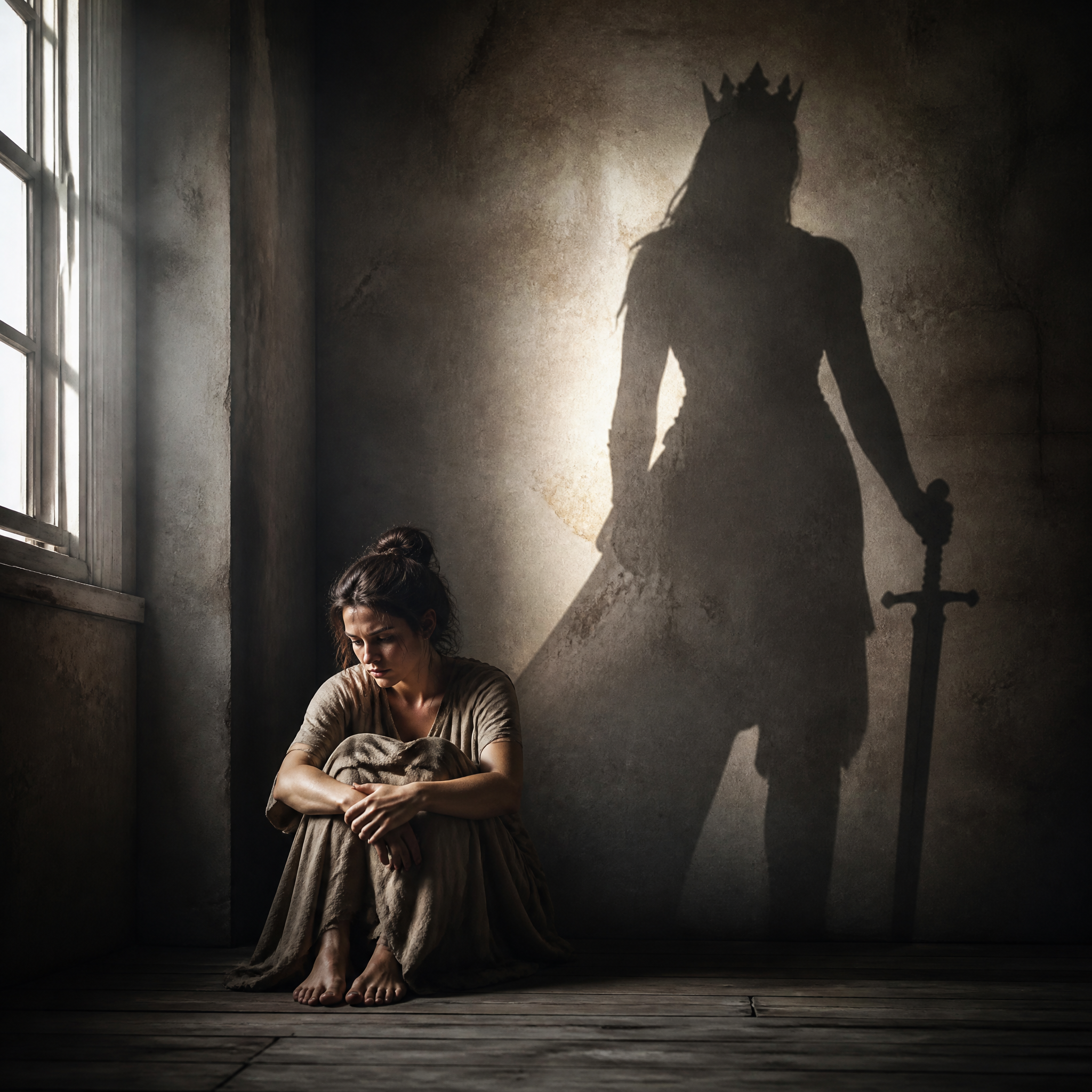 Huddled grieving woman sits on a cell floor, her shadow cast as a crowned warrior queen holding a longsword on the wall.