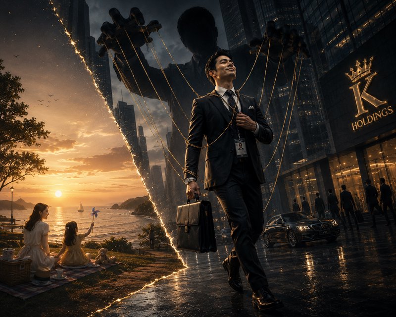 Surreal conceptual art: Marionette-style businessman, split scene contrasting corporate work life...