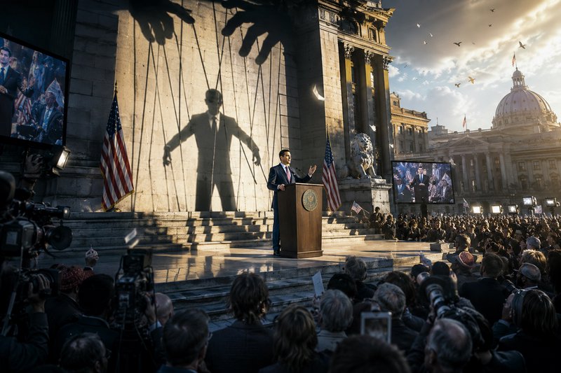 Politician speaks at a capitol podium, a large puppet master shadow of controlled hands cast on t...