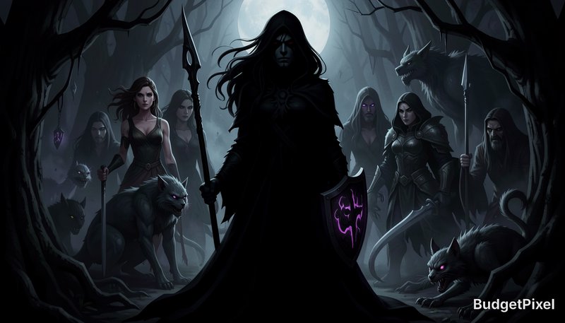 Hooded dark fantasy commander stands at the head of a warrior and werewolf army in a misty full m...