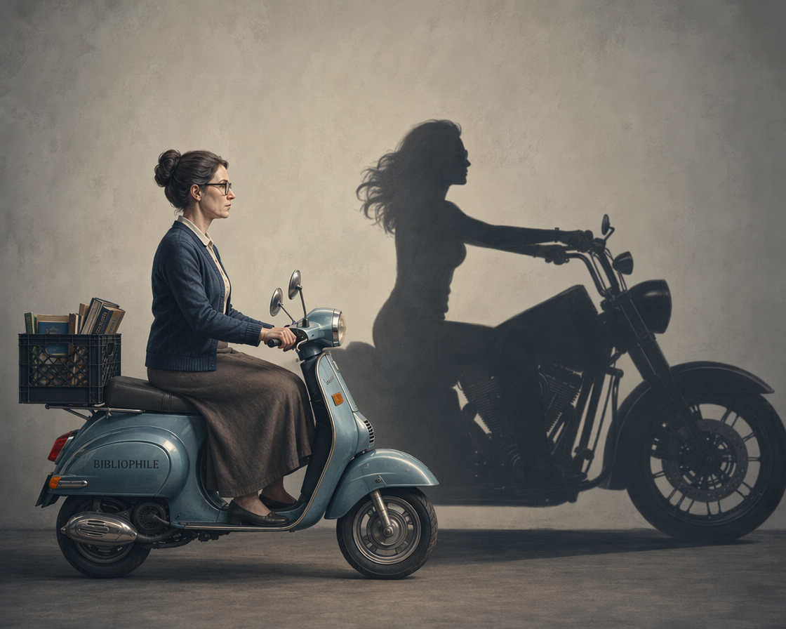 [Bespectacled woman on a vintage light blue scooter, her cast shadow depicts a free-spirited woman riding a large chopper ...