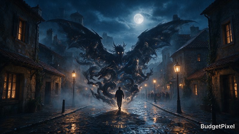 Silhouetted figure approaches swirling shadow dragon spirits on a rainy medieval cobblestone stre...