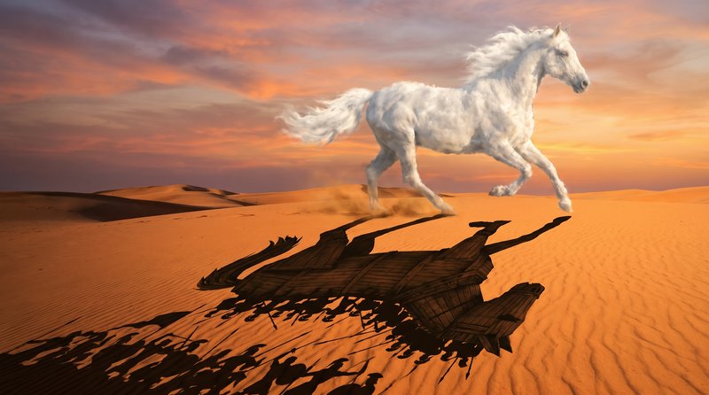 Surreal conceptual art of a galloping white stallion in desert, where its shadow forms an ancient...