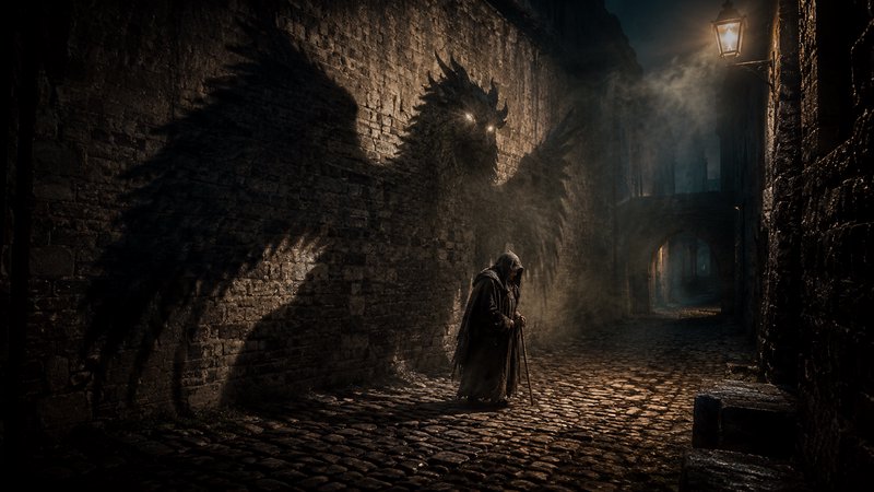 Hooded wanderer with a cane stands on a misty cobblestone medieval alley as a glowing spectral dr...