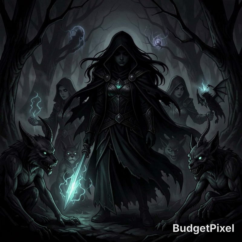 Hooded dark sorceress holds a glowing enchanted sword, leading monstrous familiars and mages in a...