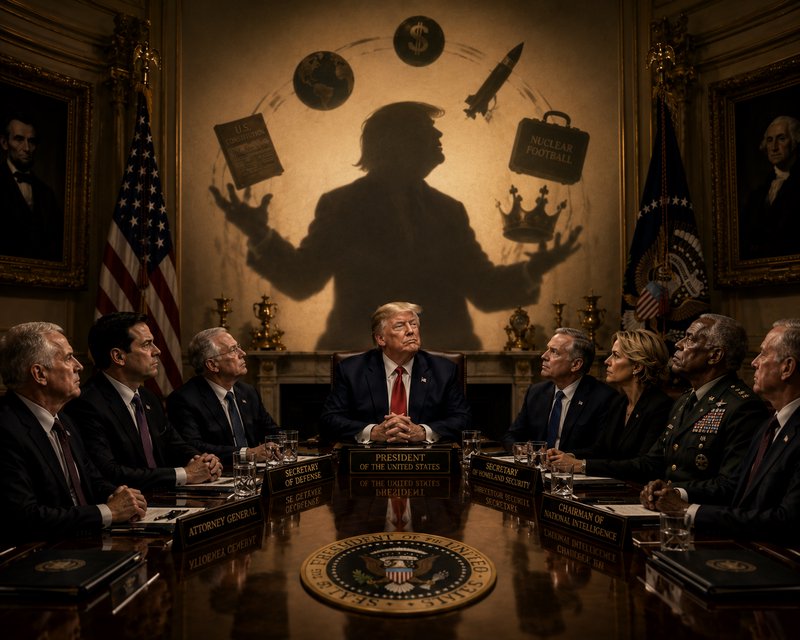 Surreal satirical image of Trump at a White House cabinet meeting, his shadow juggles power symbo...