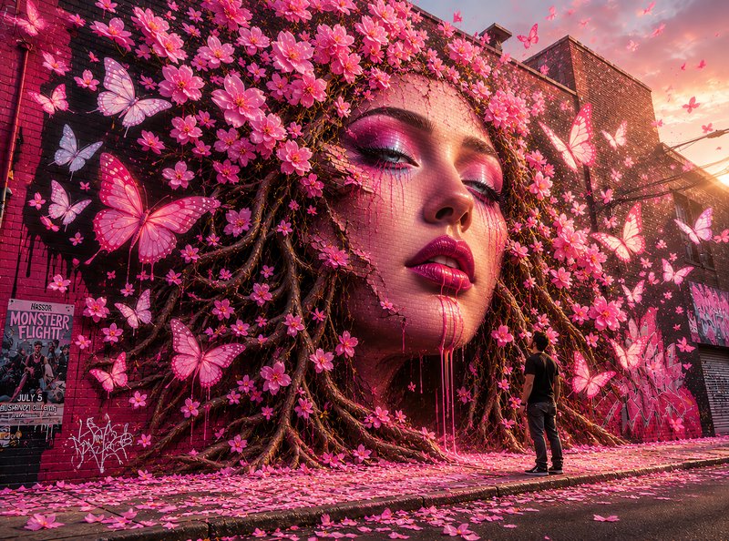 Surreal brick wall street mural of a woman's face framed by cherry blossoms and pink butterflies,...