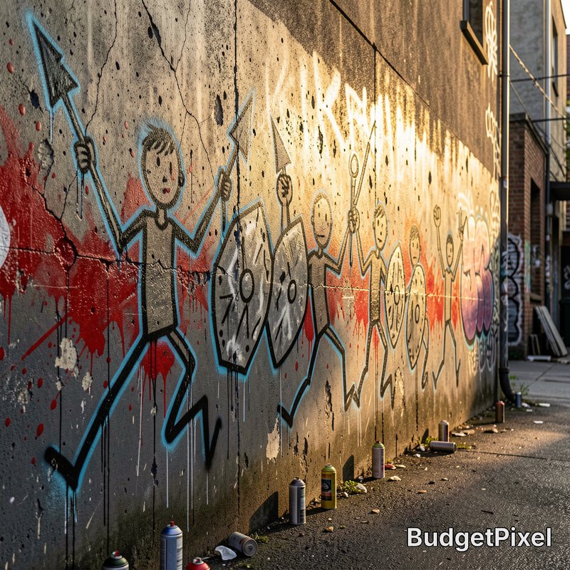 Stick figure warrior procession graffiti on a cracked weathered alley wall, golden hour light, sp...