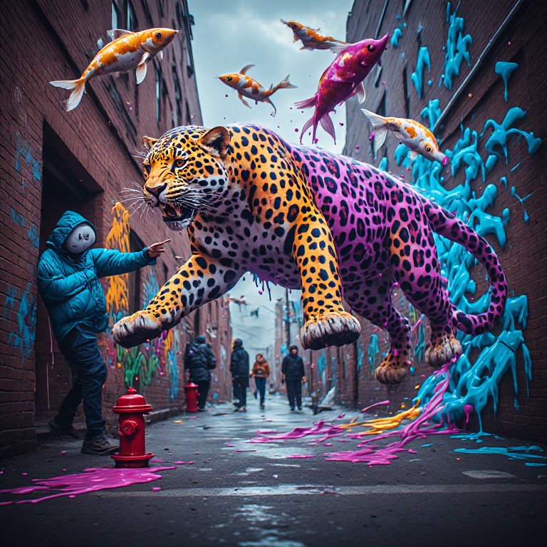 Surreal graffiti alley scene with split-color floating leopard, flying koi fish, and masked hooded figure pointing at