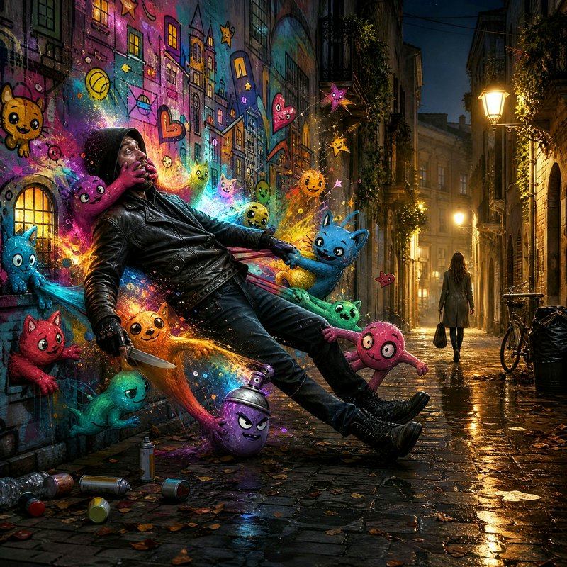 Surreal artwork of a startled hooded man restrained by playful cartoon graffiti creatures emerging from a mural on a