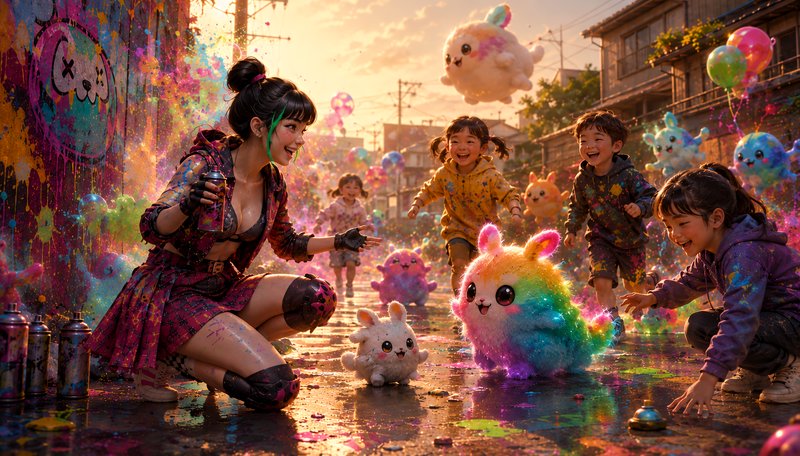 Female graffiti artist, laughing children, and cute fluffy kawaii creatures enjoy a colorful pain...