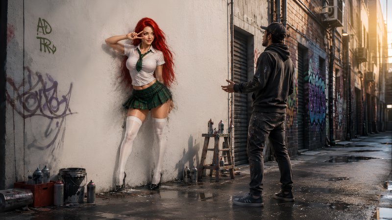 Street artist gestures toward a hyperrealist mural of a red-haired schoolgirl appearing to step o...
