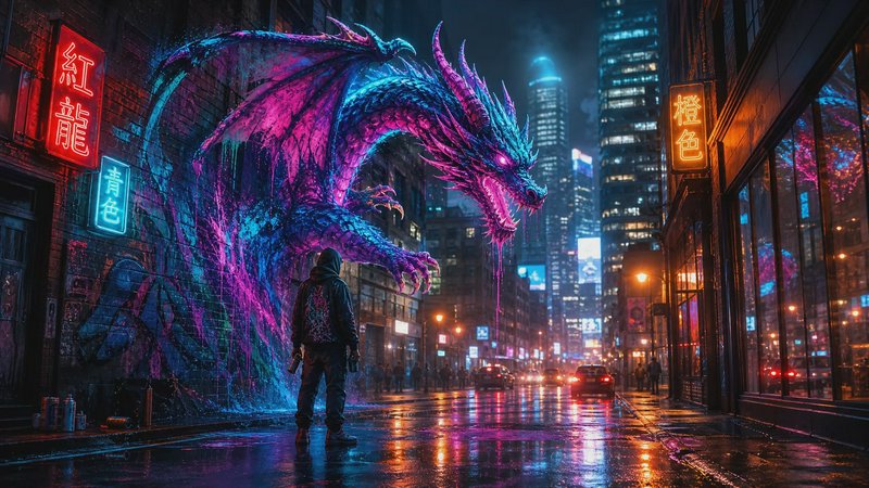 Hooded street artist faces a glowing neon cyberpunk dragon emerging from a wall mural on a rainy downtown night street.